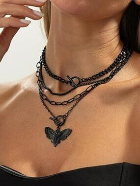 Goth Layered‎ Choker Necklace Dark Layered Pendant Necklaces Y2k Black